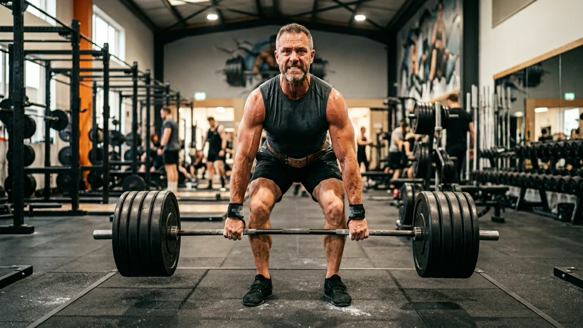 Un homme soulevant une barre de musculation avec un tempo d’exécution contrôlé, dans une salle de sport moderne. — tempo d’exécution en musculation