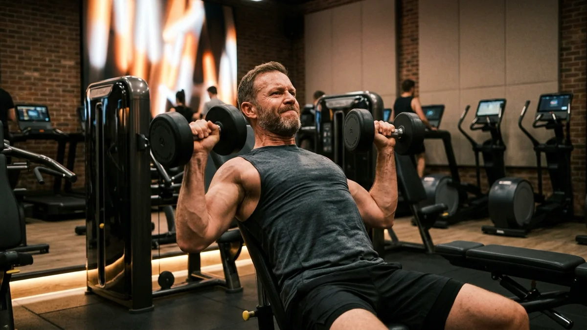 Un homme dans une salle de sport haut de gamme, motivé et déterminé. — volume d’entraînement en musculation