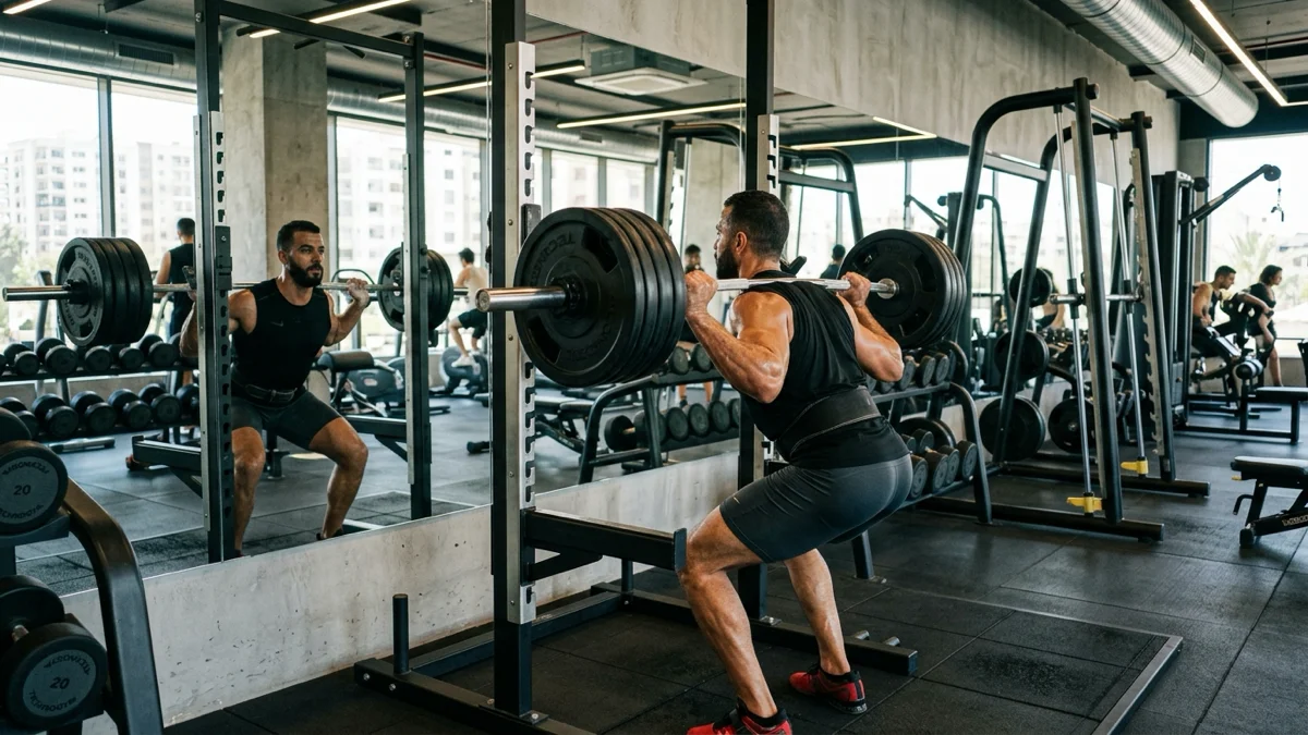 Un homme musclé s'entraîne avec des poids en salle, illustrant le volume d'entraînement en musculation. — volume d’entraînement en musculation