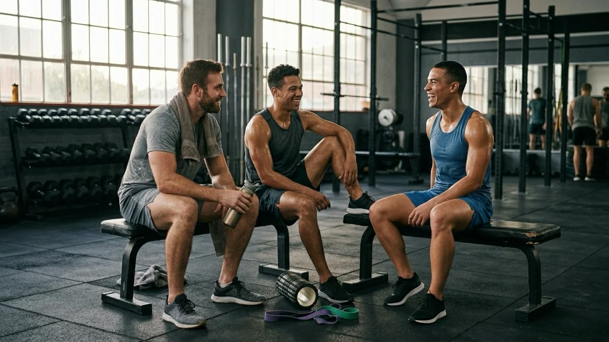 Un groupe d'athlètes récupérant après un entraînement intense. — volume d’entraînement en musculation